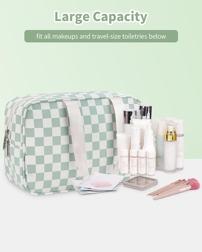 Narwey Large Capacity Travel Toiletry Bag Women, Checkered Makeup Bag with Handle, Portable Make up Cosmetic bag Organizer, Travel Bag for Toiletries, Skincare, Medicine, Essentials (Green Checker)