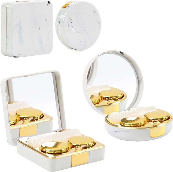 Contact Lens Case, 2 Pack Cute Portable Eye Contacts Travel Box with Mirror Colored Lenses Applicator Remover Tool Kit Solution Bottle for Daily Makeup Office Outdoor (Gold Marble)