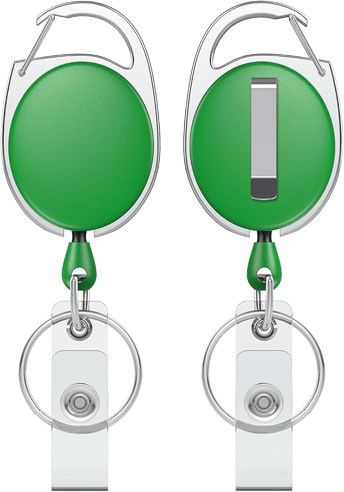Uniclife 2 Pack Retractable Badge Reel for Badge Holder Green Heavy Duty Retractable Keychain Strong ABS Casing with Stainless Steel Spring Coil 24 Inch Nylon Rope Carabiner Clip and Key Ring