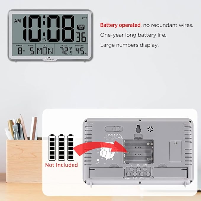 WallarGe Auto Set Digital Wall Clock Battery Operated, Desk Clocks with Temperature, Humidity and Date, Large Display Digital Calendar Alarm Clock for Elderly, Bedroom, Office, 8 Time Zone, Auto DST.