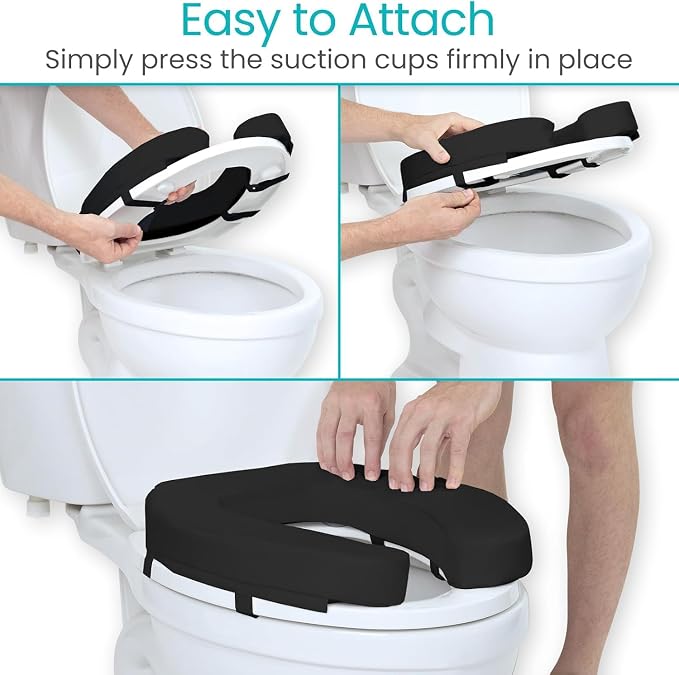 Vive Toilet Seat Cushion (Soft Cushioned Foam) - Easy Clean Padded Bathroom | Attachment - Elongated, Standard Seats - Comfort and Support Donut for Handicap, Adults (2" Cushioned Foam, Black)