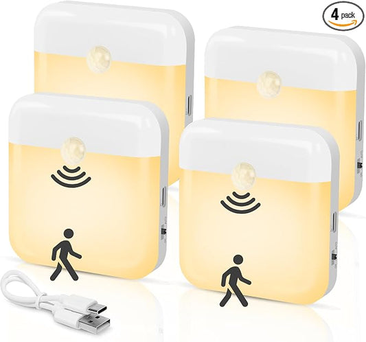 4 Pack Motion Sensor Night Light, Rechargeable Battery Night Lights Warm White, Portable Mini Motion Activated Night Light for Wall, Hallway, Kids Room, Stairway, Cabinet