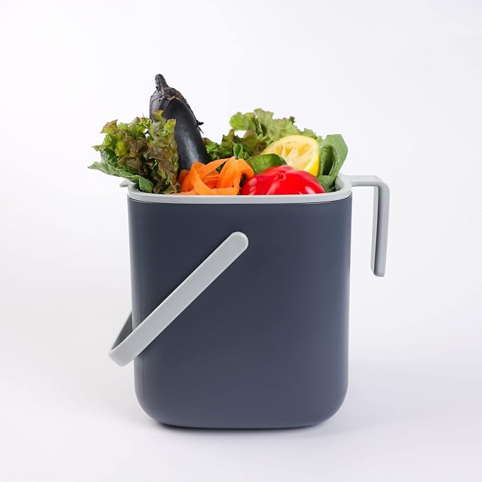Blue Ginkgo Kitchen Compost Bin, 2.6L Countertop Compost Bin, Dark Grey | Odor-Tight. Filter-Free. Dishwasher Safe.