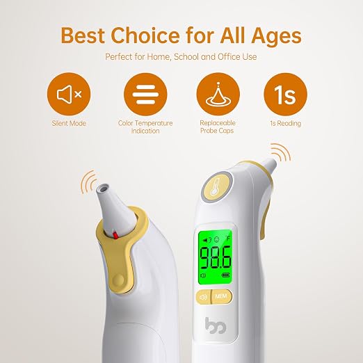 Femometer Family Ear Thermometer for Adults and Kids, Yellow | 1s Fast Accurate Reading, 30-Memory Recall, 3-Color Fever Alert, ℃/℉ Switchable, Silent Mode, with 24 Disposable Probe Covers