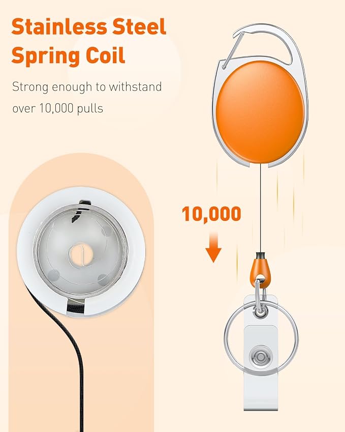 Uniclife 2 Pack Retractable Keychain, Retractable Badge Reel, Heavy Duty Badge Holder Clip for Keys and ID Card, Key Chain Extender with Carabiner Belt Clip and Key Ring, Orange