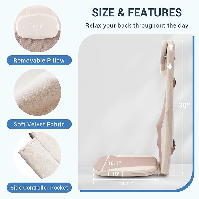 Mynt FSA Eligible HSA Approved Back Massager, Chair Massager with Soothing Heat, Flexible Massage Chair Pad with Soft S-Curve Longer Track Adjustable Pillow for Diverse Body Contours, Christmas Gift