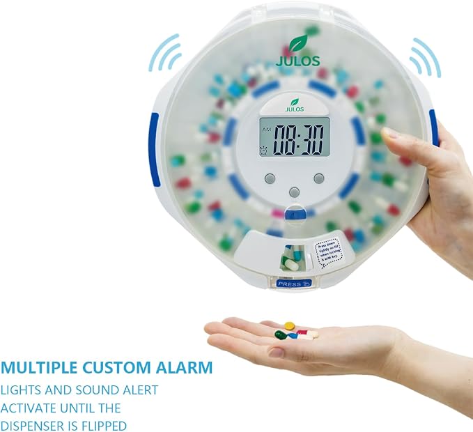 JULOS 28-Day Automatic Pill Dispenser for Elderly with Alarm, Frosted Lid | Sound/Light Alerts, up to 6 Alarms/Day, Easy-Read LCD Display, Safety Locked Pill Dispenser for Seniors/Dementia