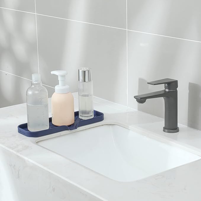 Silicone Bathroom Soap Dishes with Drain Spout-Kitchen Sink Organizer,Sponge Holder,Dish Soap Tray,Perfect for Dispenser,Scrubber,Bottle,Cup on Sink or Counter-Navy Blue 12"×4"