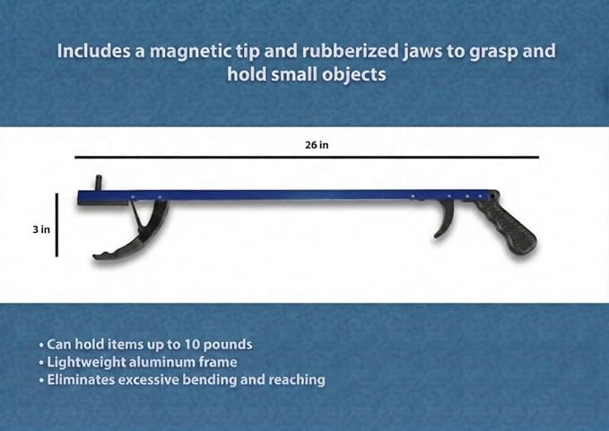 Rehabilitation Advantage 26" Reacher Grabber Tool Set of 2, Blue | 26" Aluminum Reacher Set with 3" Jaw, Magnetic Tip, Ergonomic Grip, Lightweight, Rust-Proof, Blue, 2-Pack.