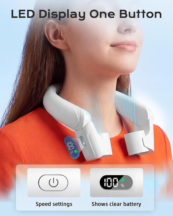 ChillGo 5th Gen Neck Fan with Adjustable Airvents, Dual Motors Personal Fan | 8000mAh Neck Fans That Blow Cold Air,Quick Charging,4 Speeds, Cooling Fan, Neck Cooling Fan for Travel, Gift for Women, White