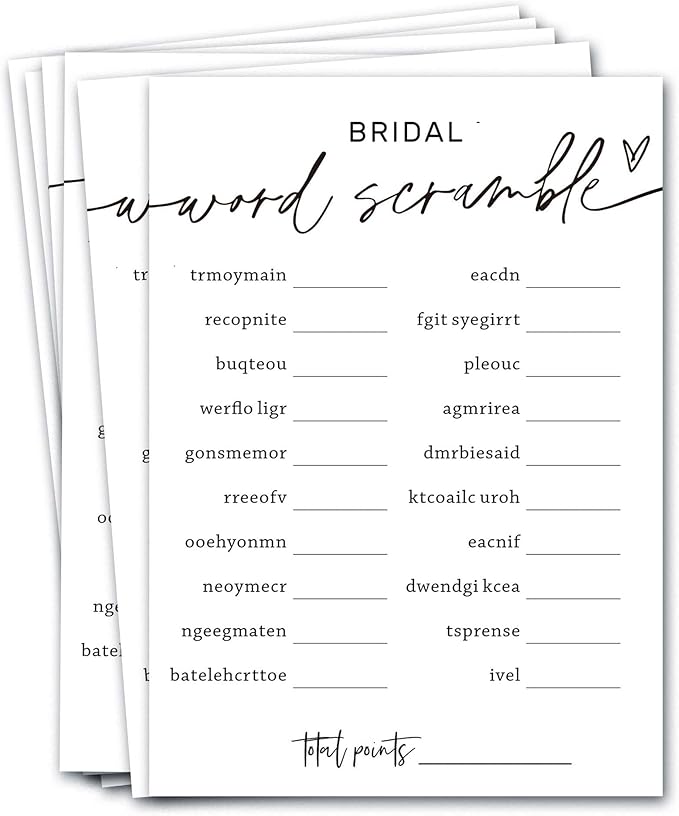 Bridal Shower Games Cards, Bridal Word Scramble, 25 Game Cards with 1 Answer Card, Engagement Party Wedding Games for Guests, Minimalist White Wedding Party Supplies - A14