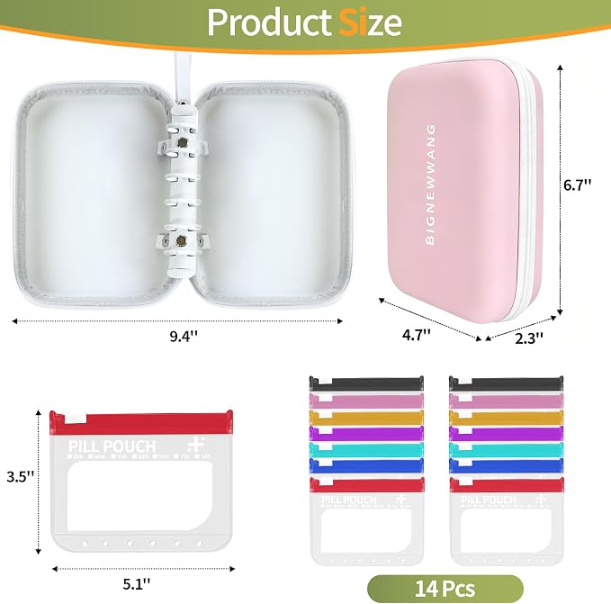 Extra Large Weekly Waterproof Pill Organizer Set, Reusable Pill Bags with 14 Coded AM PM Pouches for Home and Travel, 7 Day Portable Medicine Pill Case for Fish Oils, Vitamins (Pink)