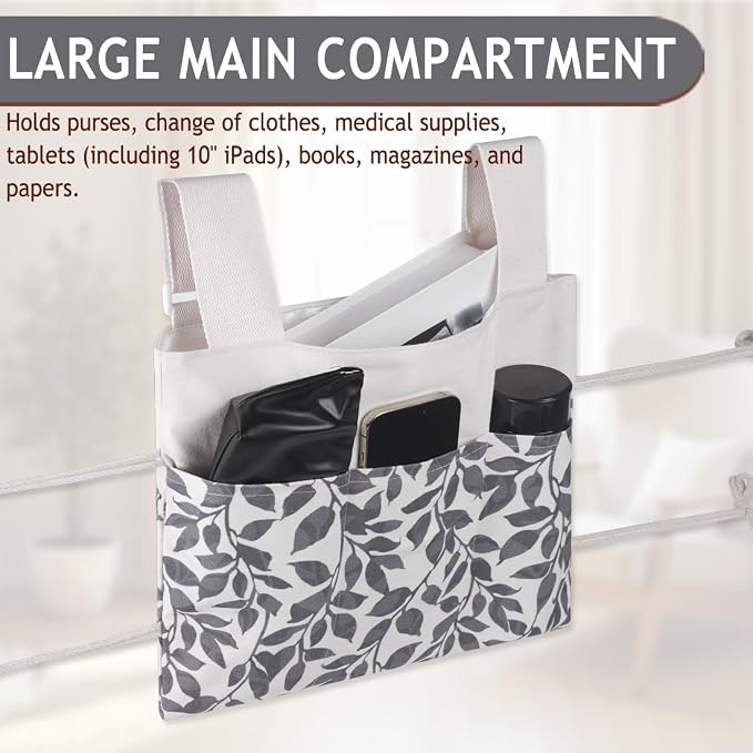 Walker Bag, Washable Walker Accessories Storage Bags with Cup Holder, Handy Walker Basket Pouch Tote Bag for Folding Walker, Wheelchairs, Strollers (Black Leaves)