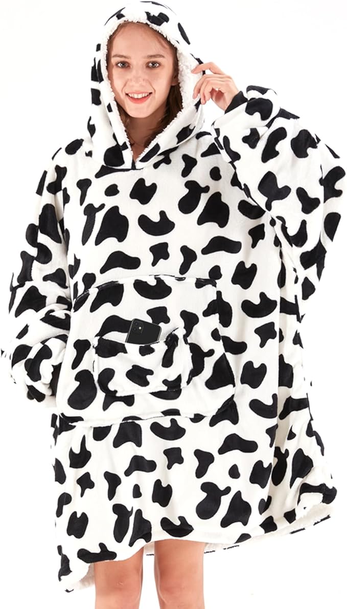 JOYWOO Cow Wearable Blanket Hoodie,Oversized Cat Lovers Sweatshirt Blanket for Adult,Christmas Gifts for Women,Mom,Girlfriend,Cozy Sherpa Hooded Blanket with Giant Pocket and Winter Gifts,Cow Print