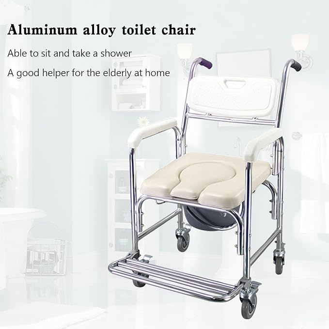 Multifunction Wheeled Mobile Toilet Commode Shower Chair Wheelchair with Wheels for Elderly, The Portable Handicap Toilet Can Confidently Holds Up to 136KG/ 300 pounds