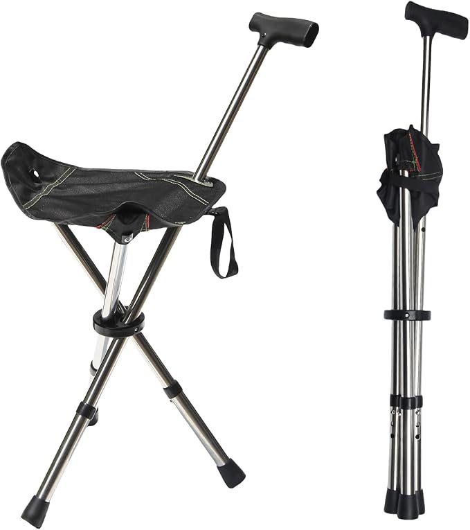 FATTCHIAR Cane with Seat, Walking Stick with Seats, Cane Chair Capacity 330lbs, Adjustable Height Folding Lightweight Portable Stool for Adults Seniors Hiking Camping