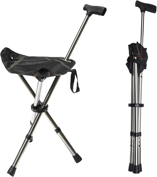 FATTCHIAR Cane with Seat, Walking Stick with Seats, Cane Chair Capacity 330lbs, Adjustable Height Folding Lightweight Portable Stool for Adults Seniors Hiking Camping
