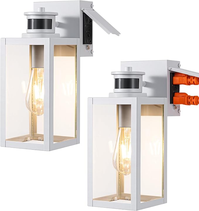 EDISHINE 2 Pack Motion Sensor Dusk to Dawn Outdoor Wall Light with Outlet | 12"H, 3 Modes, GFCI, Clear Glass, Anti-Rust, Dimmable, E26 Base, Porch Light for Front Door, Garage, Patio, White