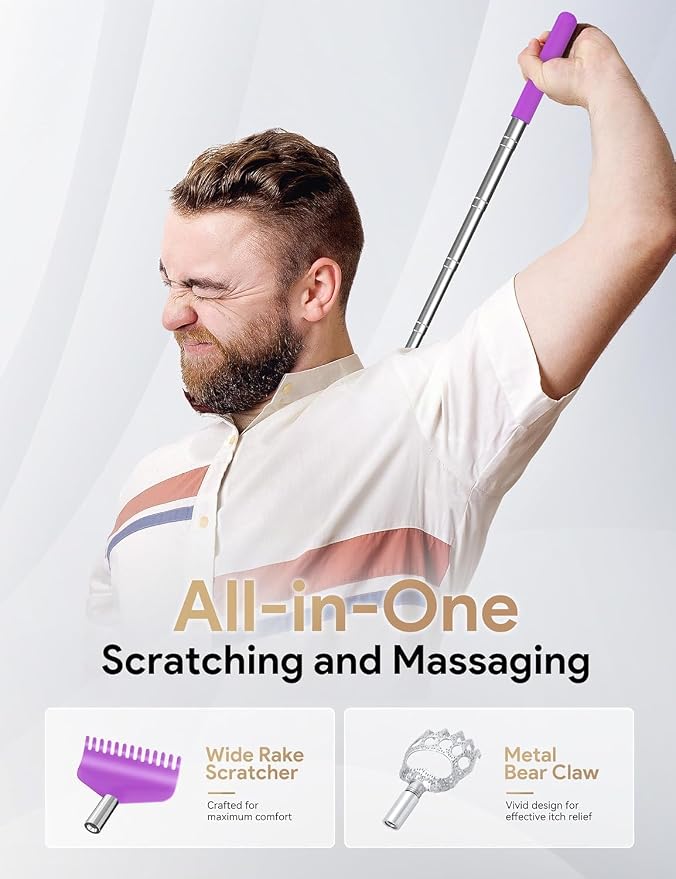 Telescoping Back Scratcher with 5 Detachable Heads, Gift for Men Purple | 10-30" Reach, Stainless Steel Pole, Rubber Grip, Christmas Stocking Stuffers, White Elephant, Anniversary and Birthday Gift