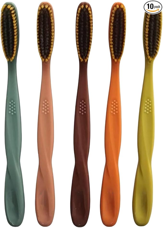 Adult Extra Soft-bristled Toothbrush‌ Bamboo Charcoal, Long Toothbrush Head,Periodontist Design Tapered Bristles for Sensitive Teeth & Receding Gums.【Extra Soft, 10 Count (Pack of 1)】