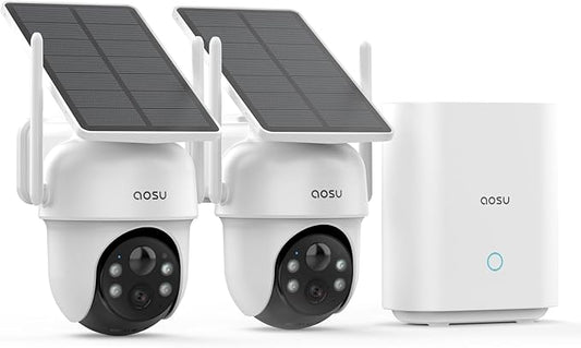 aosu Security Cameras Outdoor Wireless, 2 Cam-Kit, No Subscription, Solar-Powered, Home Security Cameras System with 360° Pan & Tilt, Auto Tracking, 2K Color Night Vision, Easy Setup, 2.4 & 5GHz WiFi