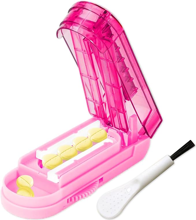 Pill Cutter Splitter for Small and Tiny Pills, Precision Cutting for Tablets - Accurately Cuts Multiple Pills at Once. Sharp Blade with Safety Guard (Pink)