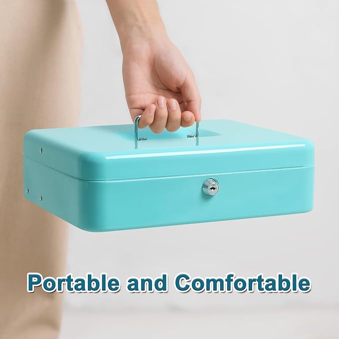 Jssmst Locking Metal Cash Box with Coin Lid, 11.8L x 9.5W x 3.5H Inches, Safe Money Box with Key Lock, Light Blue, SM-CB0519LB