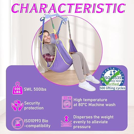 Full Body Patient Lift Sling for Bed, Shower, Chair Transfer- Ideal for Elderly, Senior, Disabled, Quick-Drying Mesh Fabric, Supports Up to 500lbs (Purple, Large)