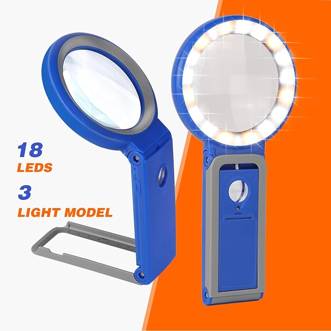 Magnifying Glass with Light and Stand, Foldable Handheld Magnifying Glass 18 LED Illuminated Lighted Magnifier for Macular Degeneration, Seniors Reading, Close Work, Coins, Jewelry Blue