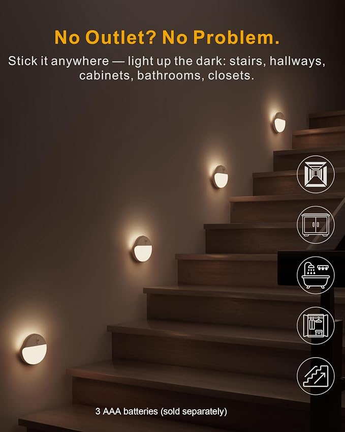 2 Pack Motion Sensor Light Indoor, 2.6" Small Stick on Lights for Stairs, Bathroom, Dimmable Battery Night Light, 3 Light Modes, Soft LED Light for Travel, Toliets, Bedroom, Kids, Warm White | 2 Pack, 3 Modes, Dimmable 1-15lm, Low Light No Plug, Small ...