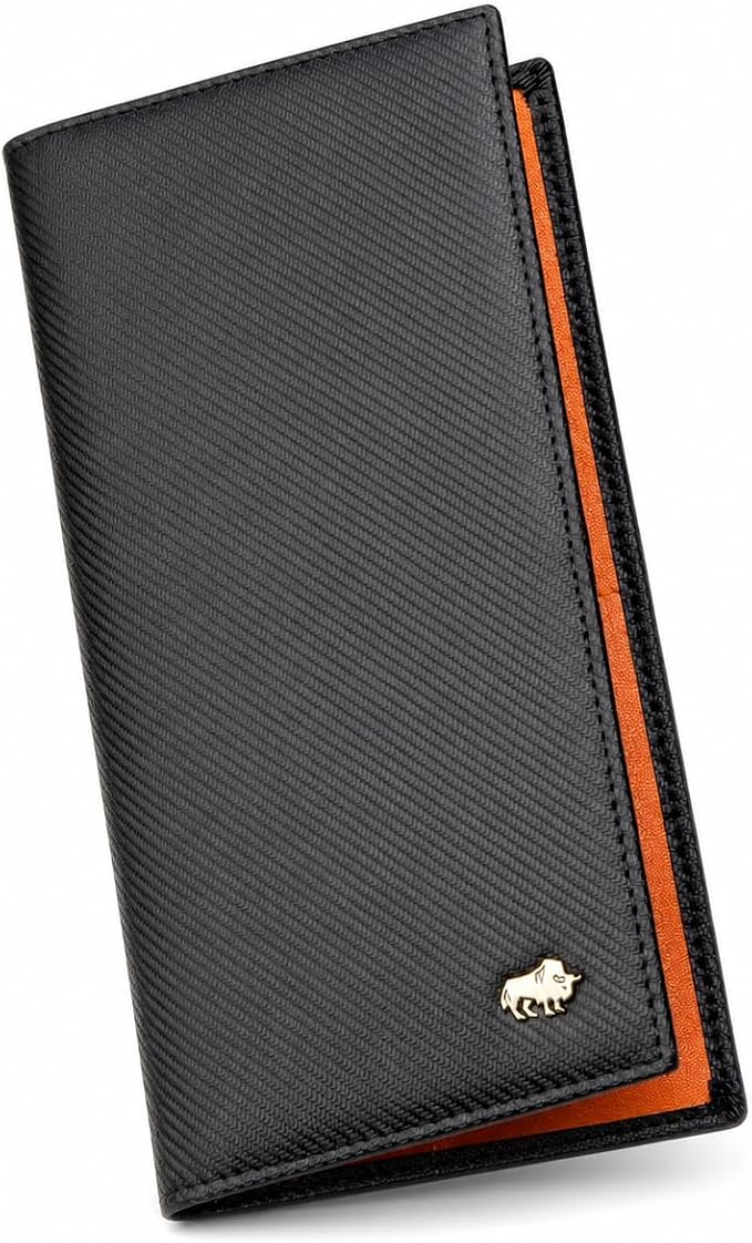 BISON DENIM Long Wallet for Men, RFID Leather Bifold, 12 Card Slots, Orange | mens long bifold wallet checkbook billfold credit card holder id window zipper coin pocket slim cowhide purse organizer