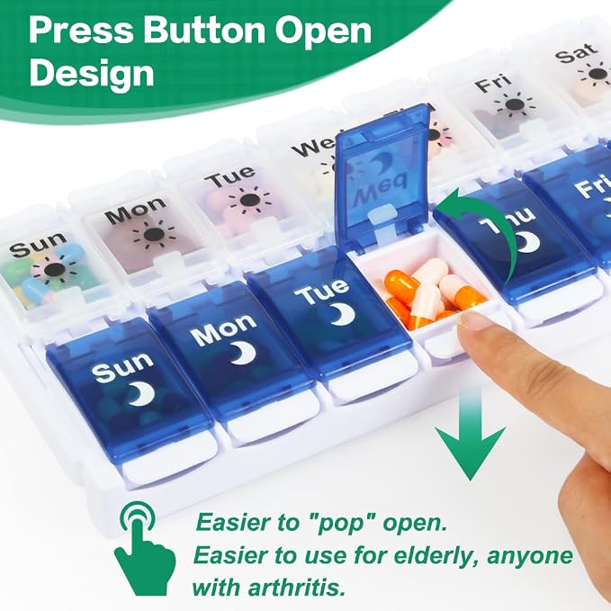 Shintop Weekly Pill Organizer 2 Times a Day, Easy Fill Am Pm Pill Box | Easy-Open Buttons, Quick-Fill Removable Top, Large Compartments, BPA-Free PP, Silicone Hinges, Senior- and Arthritis-Friendly