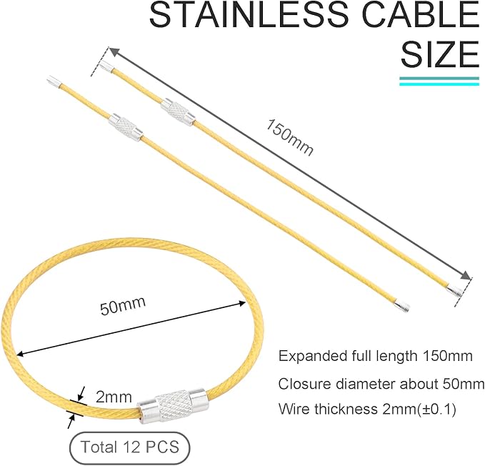 CooBigo 12 Pack Stainless Steel Loops 2mm Coated Wire Keychain Cable Large Key Rings 6 inch Key Chain for Women, Luggage Tags, Key Tags, Keyrings, Kitchen Utensils, Duster - Yellow