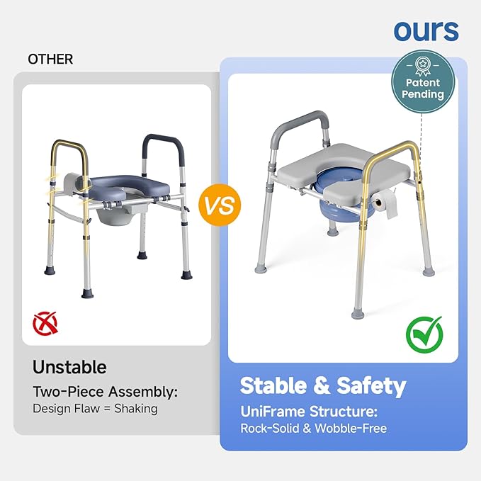 Bedside Commode with Bucket for Seniors, Toilet Chair with Padded Handles & Seat, 400 LBS Bedside Toilet with Adjustable Height & Width for Pregnant, Disabled, Handicapped,(Gray)