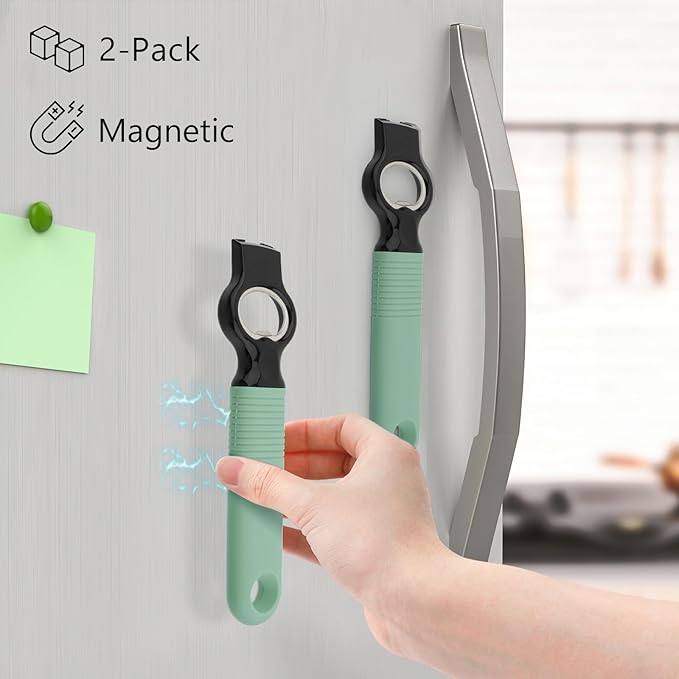 2-Pack Magnetic Beer Bottle Opener & Soda Can Opener, 2-in-1 Bottle Opener and Can Tab Opener Tool for Bartender, Long Nails, Arthritis, Silicone Handle with Build in Magnet - Light Green
