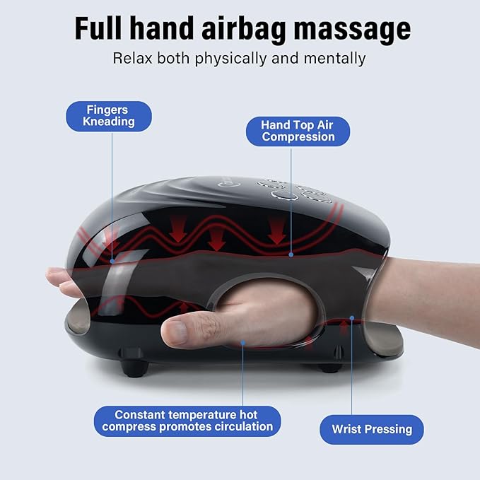 cotsoco Hand Massager - 3Massage Sizes, Cordless Hand Massager with Heat & Compression for Arthritis and Carpal Tunnel, Gift for Men Women Family Friends, Relaxation at Home, Office, Outdoors, Black
