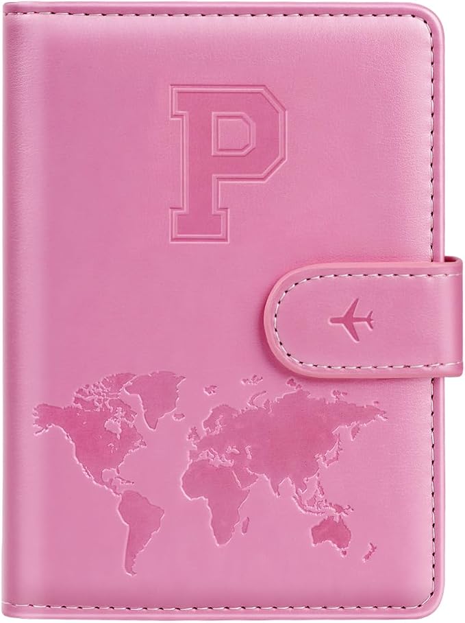 Passport Holder Cover Initial Letter A-Z Travel Wallet Personalized | Travel Essentials, Embossed Design, RFID Blocking, Personalized Gift, Passport Book Holders for Women Girls, Pink-P