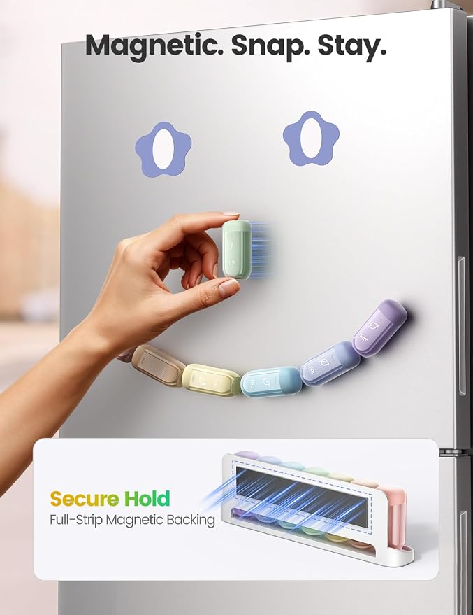 Weekly Magnetic Pill Organizer, Moisture-Proof Pill Box 7 Day 1 Time a Day with Desiccant, Removable Large Travel Pill Case, Medication Container for Vitamins and Supplements, Rainbow