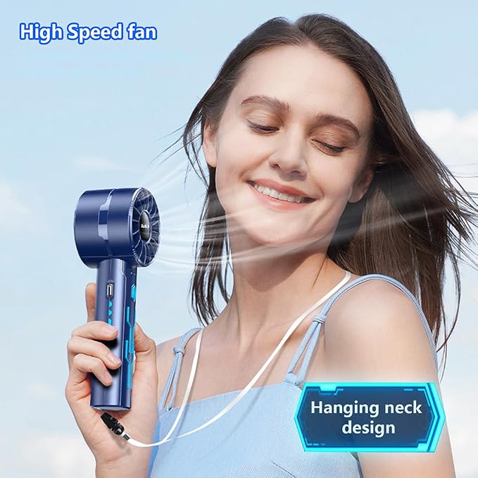 AaoLin 2pcs Portable Handheld Turbo Fan with 7000rpm High-Speed Motor USB Rechargeable Cooling Personal Fan 4-Speed, 4-16H Runtime, with Lanyard for Outdoor Travel, Women, Kids, Summer Gift