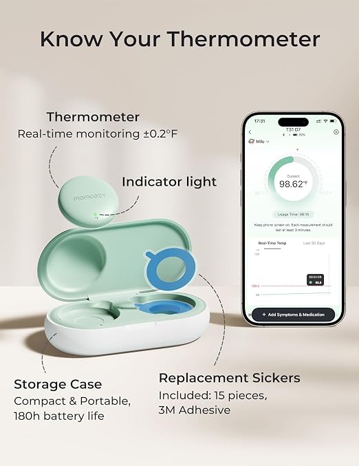 Momcozy Wearable Digital Thermometer for Baby, Continuous App Monitoring | Medical-Grade ,High Accuracy Thermometer for Kids & Infants, Instant Reads, Hypoallergenic 3M Sticker,APP Alert,Visual Trends
