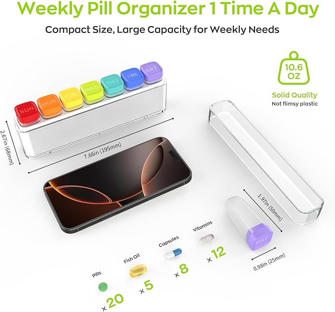 Weekly Pill Organizer 1 Time a Day, HIONXMGA Detachable Travel Pill Box 7 Day, Large Medicine Pill Case Container for Daily Medication Vitamin Supplement Fish Oil, Portable Week Pills Holder, White