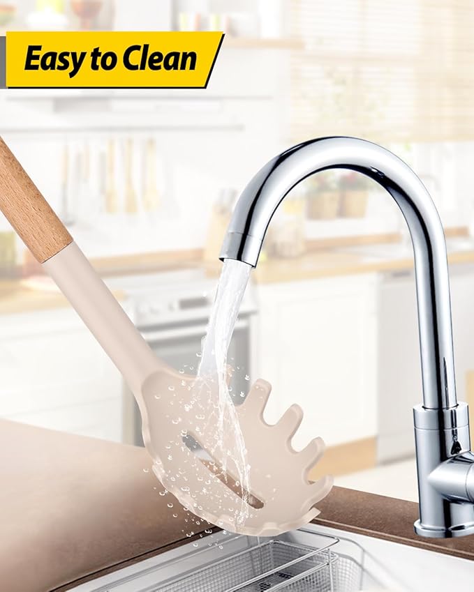 Silicone Pasta Fork and Ladle Spoon Set with Wooden Handle, Heat Resistant Non Stick Kitchen Utensils for Cooking, Stirring, Serving Spaghetti, Soup, Sauce(KHAKI)