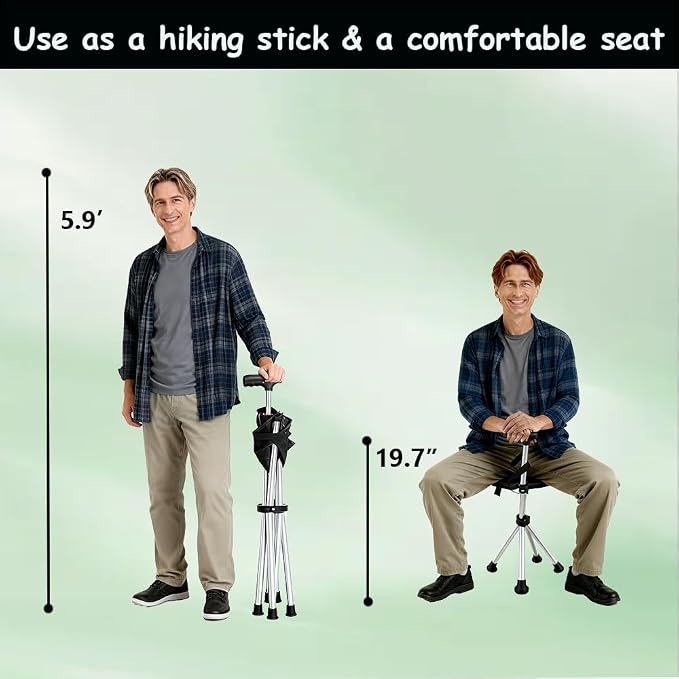 Adjustable Lightweight Travel Stools for Adults, Foldable Easy Carry Cane with Seat, Ideal as Cane Seat Walking Stick Folding Seat 250 Lbs for Camping & Hiking, Black