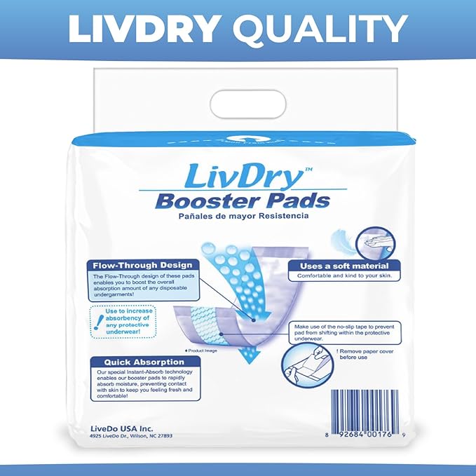 LivDry Incontinence Booster Pads, Use with Adult Diapers for Women and Men, Extra Comfort Softness, Disposable Pad (80 Count, Regular Length)