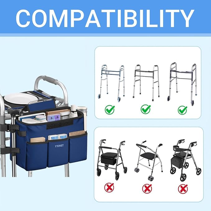 Ytonet Walker Basket with Tray, Removable Walker Tray for Folding Walker | Water Resistant Walkers Bag with Phone and Crutch Holder Large Capacity Anti-Tip Design Accessories for Seniors