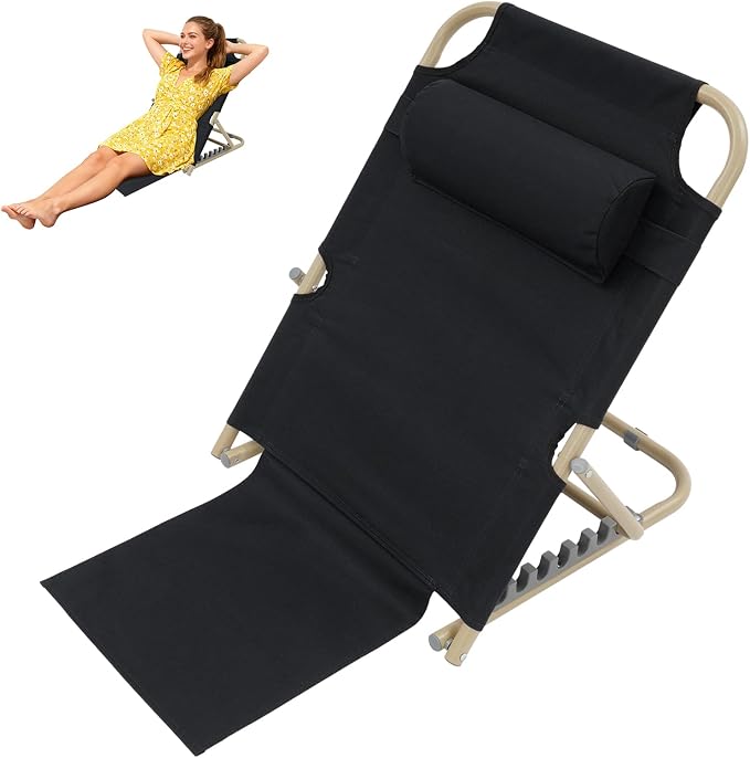 PERFERATE Bed Backrest Support Portable Bed Chair 7 Gears Adjustable Lifting Beds Backrest Folding Reading Chair with Pillow for Elderly Back Neck Lumbar Support, Beach Comfy Travel (Black)