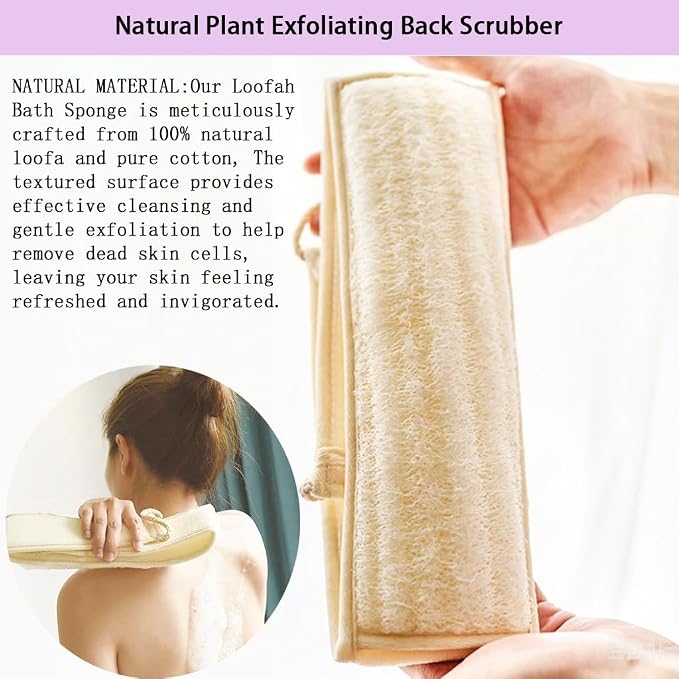 Natural Loofah Back Scrubber, 27.5" Length, 1 Pack | Dual Sided Exfoliating Washcloth with Cotton Handles, Back & Body Scrubber for Shower, Women & Men, Travel-Friendly Spa Gift