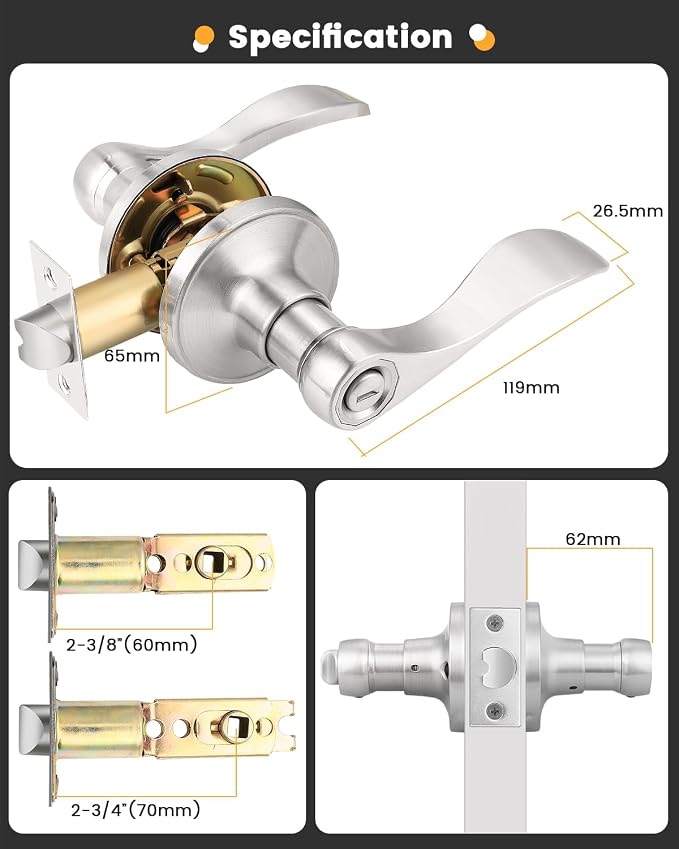 Gobrico 3 Pack Bed and Bath Privacy Handle Levers for Interior Door, Satin Nickel Keyless Wave/Drop Style Door Knobs with Thumb-Turn Button