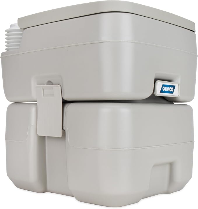 Camco 5.3-Gallon Portable Toilet - Features Detachable Holding Tank w/Sealing Slide Valve & Bellow-Type Flush - Easy Transport w/Compact Lightweight Design & Carry Handle - Gray (41541)