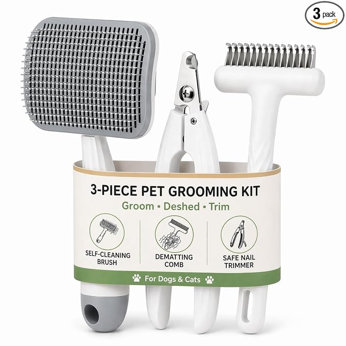 3-Piece Dogs & Cats brush for shedding - Self Cleaning Slicker Brush, Dematting Comb & Nail Clipper - Professional 3-in-1 Grooming Set for Shedding, Mats & Tangles - Easy At-Home Pet Care Tools